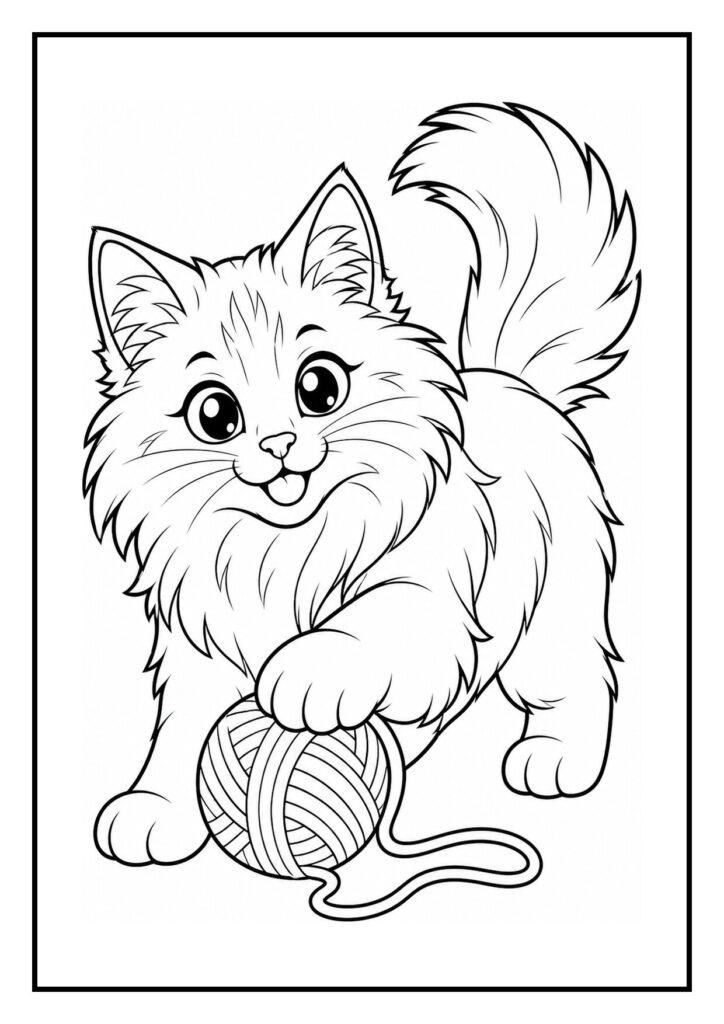 Speelse kleurplaat van een schattige poes die speelt met een bol wol