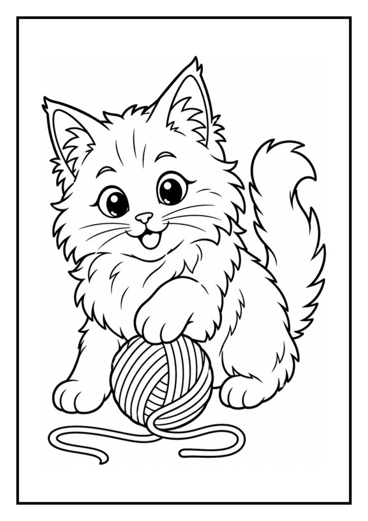 Leuke kleurplaat van een schattige kitten die speelt met een bol wol.