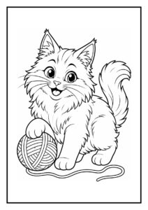 Schattige kleurplaat van een blij katje dat speelt met een bol wol