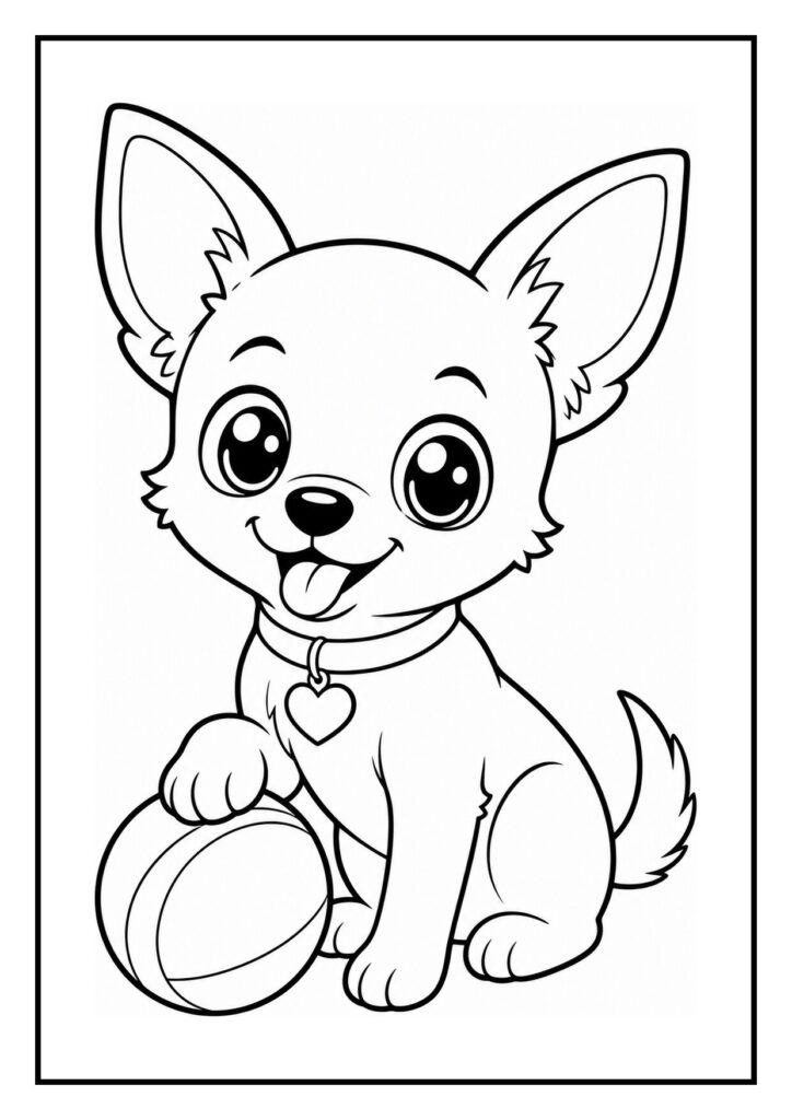 Kleurrijke kleurplaat van een vrolijke chihuahua die uit een kleine tunnel rent, geschikt voor kinderen