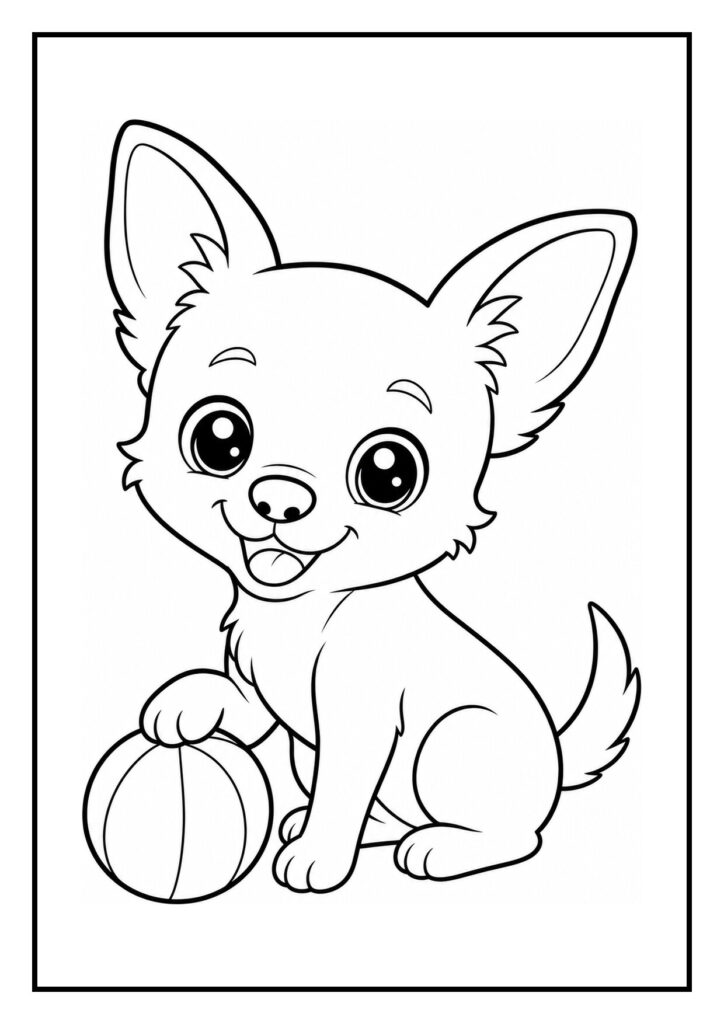Kleurplaat van een vrolijke chihuahua die een grote botvormige snack ontdekt.