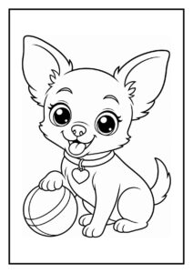 Kleurplaat van een schattige chihuahua die vrolijk een zachte bal wegduwt
