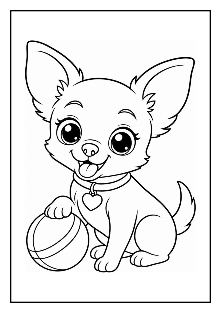 Kleurplaat van een schattige chihuahua die vrolijk een zachte bal wegduwt