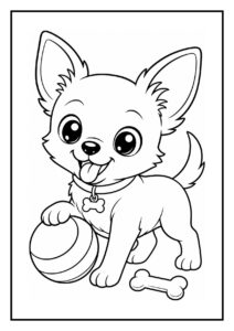 Kleurplaat van een chihuahua die onder een dekentje in zijn mand ligt