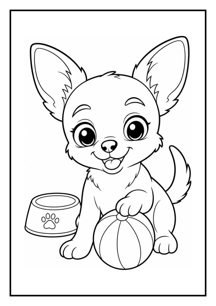 Leuke kleurplaat van een vrolijke chihuahua puppy die achter een vlinder aan huppelt in de tuin