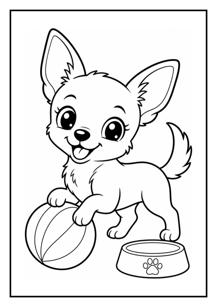 Kleurplaat van een schattige chihuahua die uit een cadeauzakje piept met een vrolijke uitstraling
