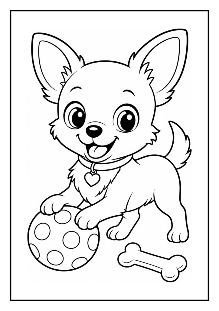 Kleurplaat van een vrolijke chihuahua die met zijn bal speelt en deze uit een kom met ballen vist.