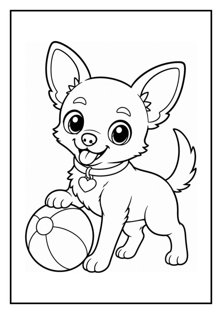 Kleurplaat van een chihuahua die vrolijk met een bal over een lage horde springt