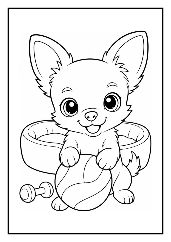 Kleurplaat van een schattige chihuahua die uit een kleine hondenmand omhoog kijkt