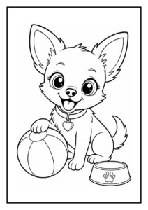 Kleurplaat van een chihuahua die een koekje op zijn neus balanseert met een vrolijke blik