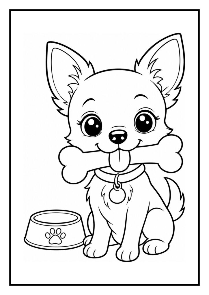 Kleurplaat van een vrolijke chihuahua die een snoepje onder een deken vandaan trekt