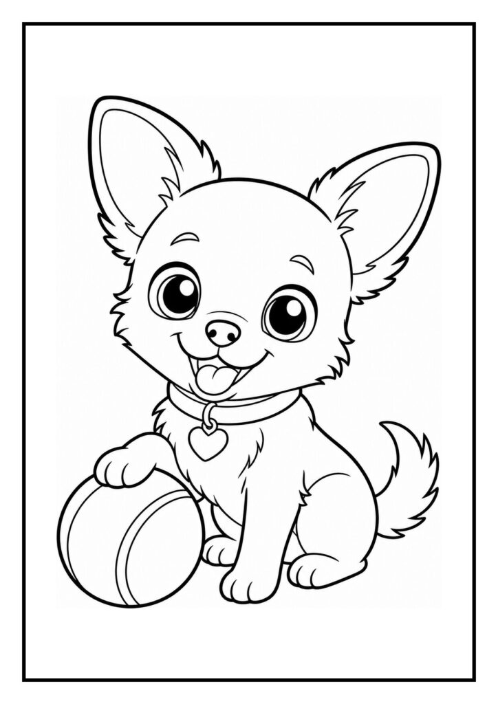 Kleurplaat van een schattige Chihuahua die een mini-parcours met springtjes volgt terwijl hij met een bal speelt.