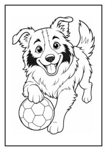 Kleurplaat van een border collie die een schaap door een poort drijft op boerderij
