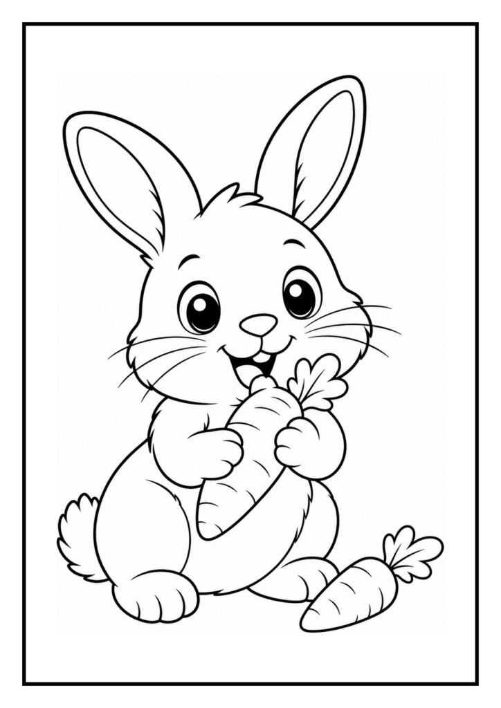 Leuke kleurplaat van een vrolijk dwergkonijn dat naast een grote reuzenbloem zit, geschikt voor jonge kinderen.