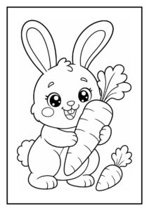 Vrolijk kawaii konijn met bloemetjeskrans dat een grote wortel vasthoudt
