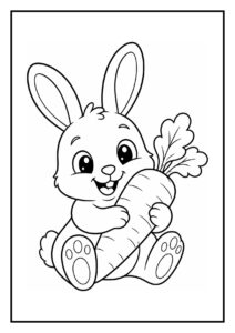 Kleurplaat van een schattig konijn dat blij bloemen plukt en in een mandje verzamelt