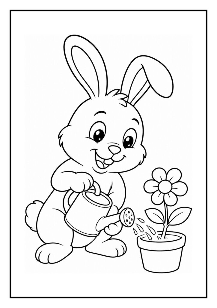 Een kleurplaat van een vrolijk konijn dat een bloem in een pot water geeft onder een grote paddenstoel