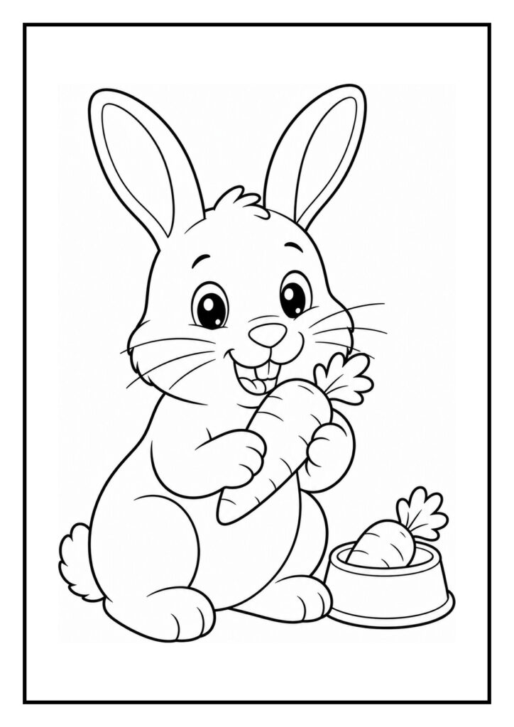 Vrolijke kleurplaat van een schattig konijn dat een grote wortel vasthoudt met een kom erbij met een wortel