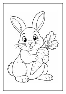 Kleurplaat van een schattig konijn dat een grote wortel vasthoudt en over een klein hek springt