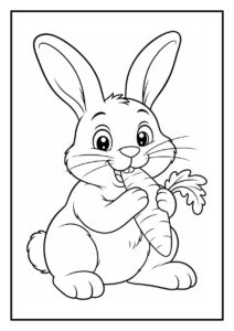 Kleurplaat van een vrolijk schattig konijn dat een wortel eet