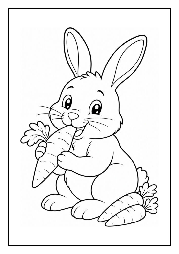 Kleurplaat van een schattig konijn dat vrolijk aan een wortel knabbelt met nog twee wortels naast zich