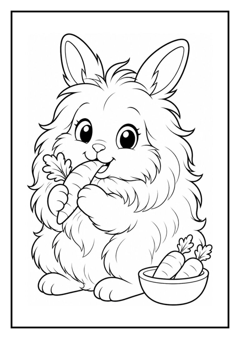 Kleurplaat van een schattig angora konijn dat uit een mandje piept met een wortel naast zich