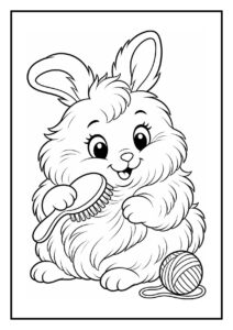 Kleurplaat van een schattig angora-konijn dat in een zachte sneeuwbal springt, met een vrolijke uitstraling.