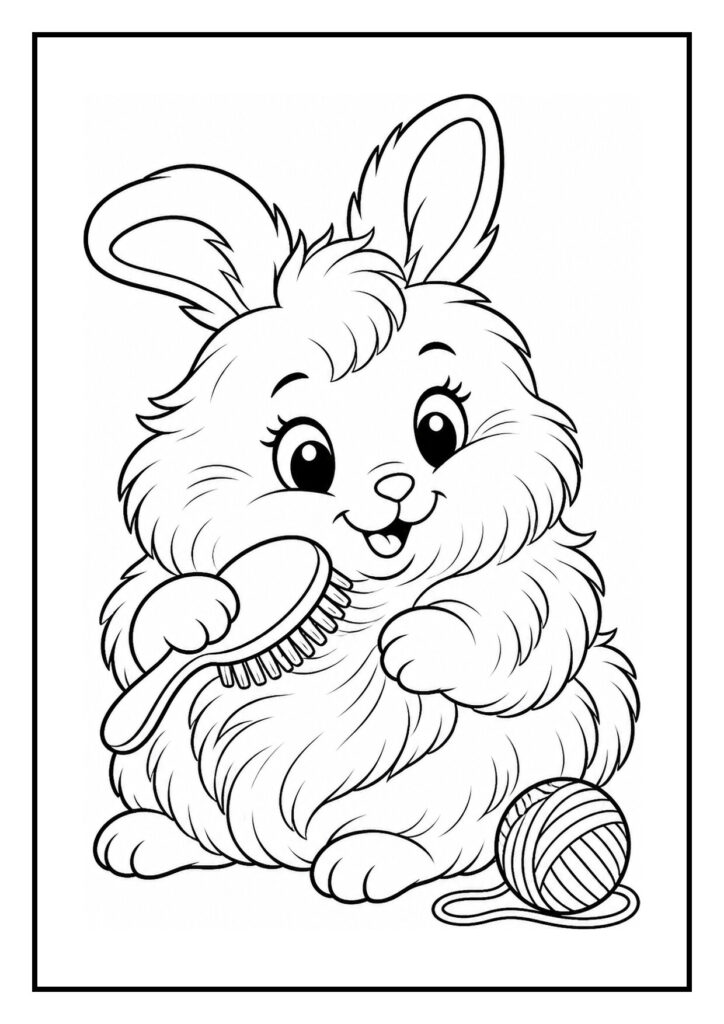 Kleurplaat van een schattig angora-konijn dat in een zachte sneeuwbal springt, met een vrolijke uitstraling.