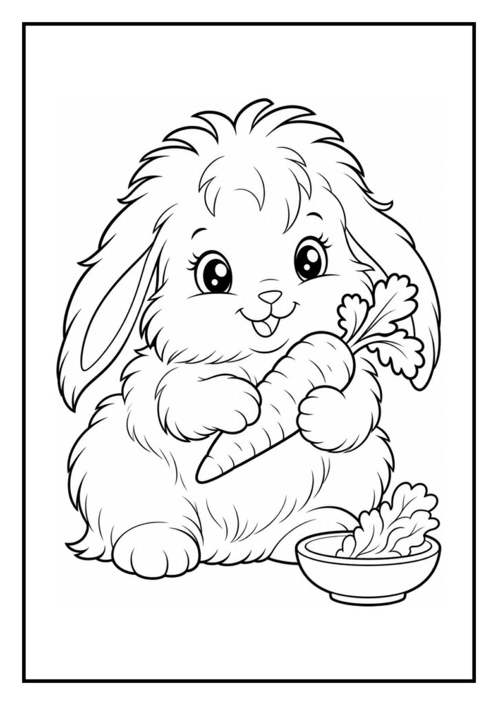 Schattige kleurplaat van een angora-konijn dat zich gezellig in een wollen nest nestelt.