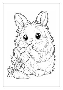 Kleurplaat van een schattig angorakonijn dat tussen grote plukken hooi snuffelt