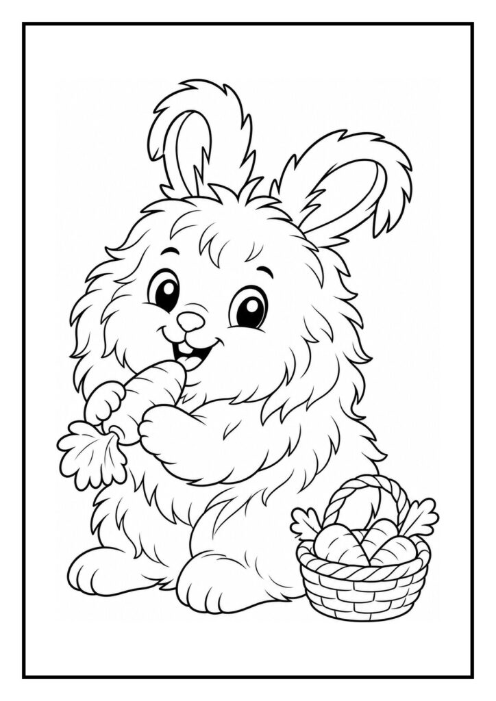 Een vrolijk angora-konijn dat een bellenbal aanraakt op een kleurplaat