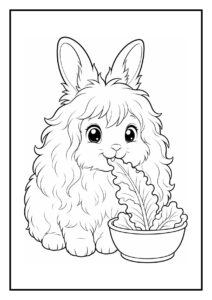 Kleurplaat van een schattig angora-konijn dat een mini-berg beklimt met een blaadje sla in zijn bek.