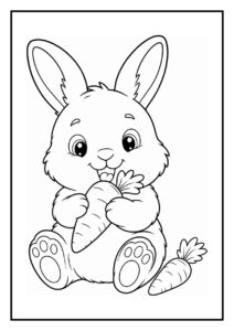 Kleurplaat van een schattig teddy dwergkonijn dat nieuwsgierig uit een mandje uitpiept