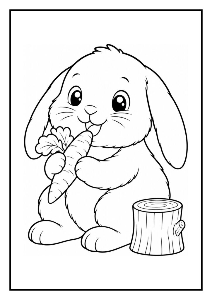 Schattig slapend teddy dwergkonijn in een zacht holletje met een wortel naast een boomstronk