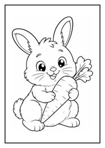 Kleurplaat van een schattig teddy dwergkonijn dat een klein verjaardagstaartje met een kaarsje vasthoudt.