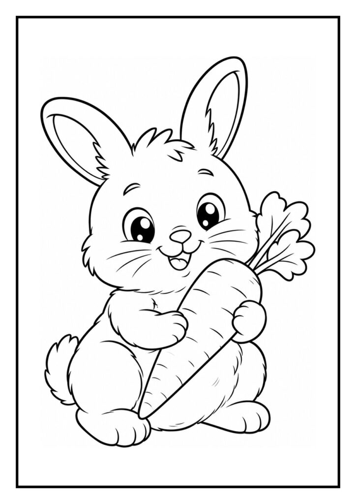 Kleurplaat van een schattig teddy dwergkonijn dat een klein verjaardagstaartje met een kaarsje vasthoudt.