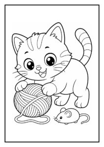 Kleurplaat van een schattige kitten die met een bol wol speelt en een kleine muis erbij