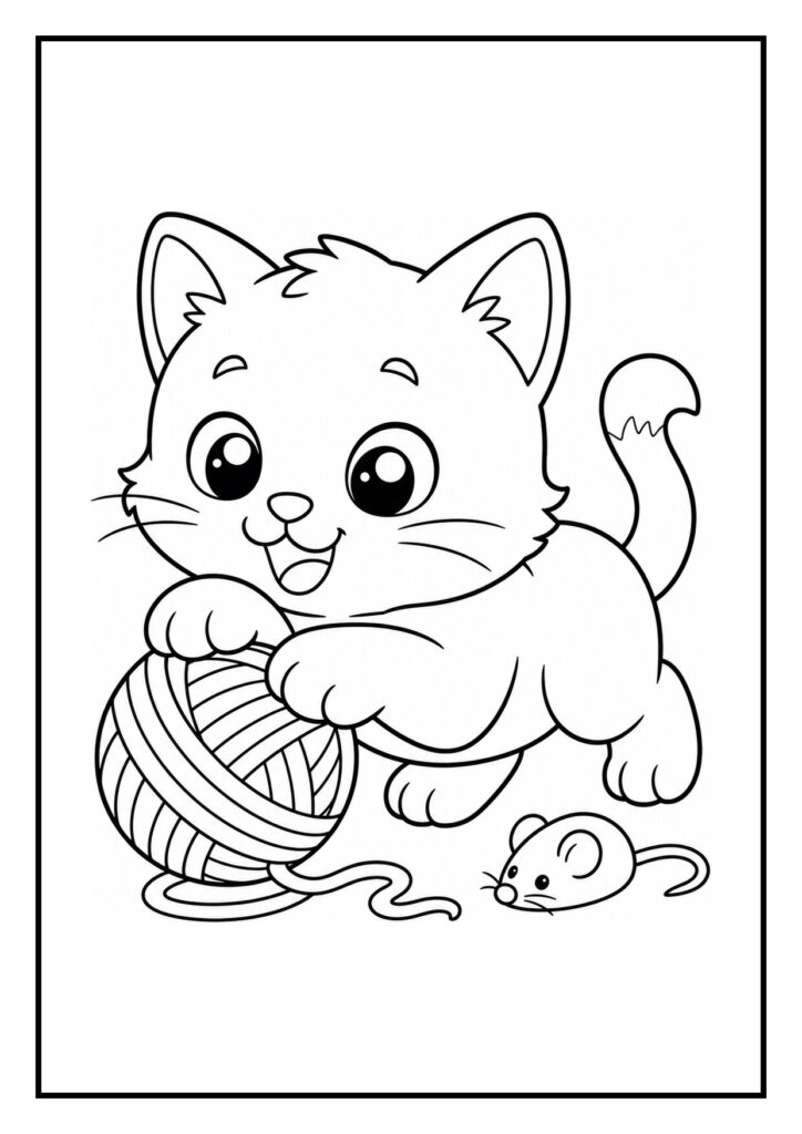 Vrolijke kleurplaat van een speelse kat die naar een bol wol springt en een muisje bekijkt