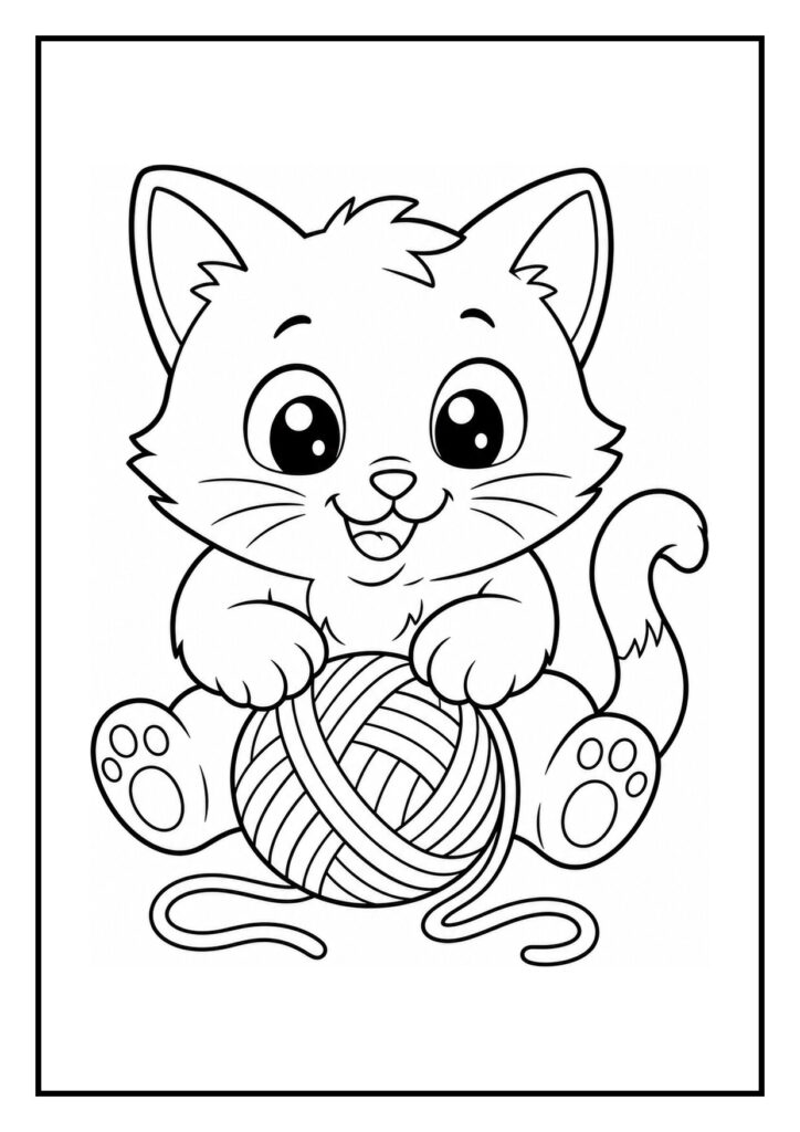 Vrolijke kleurplaat van een schattige kitten die speelt met een bol wol in een kartonnen doos