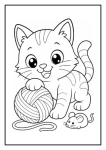 Kleurplaat van een vrolijke kat die speelt met een bol wol en een muisje in de keuken