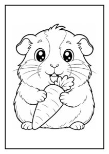 Kleurplaat van een knuffelige cavia die een grote wortel vasthoudt en vrolijk knabbelt