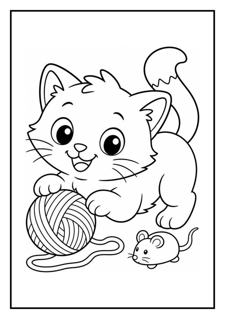Kleurplaat van een speelse kat die achter een stoel verstoppertje speelt met een bol wol