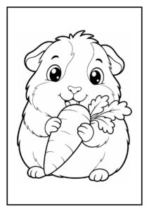 Kleurplaat van een schattige cavia die een wortel vasthoudt en eet, eenvoudig en geschikt voor kleuters.