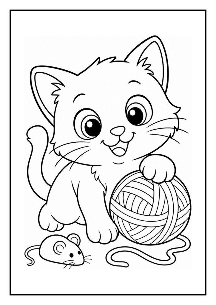 Leuke kleurplaat van een vrolijke kat die speelt met een bol wol en een muisje