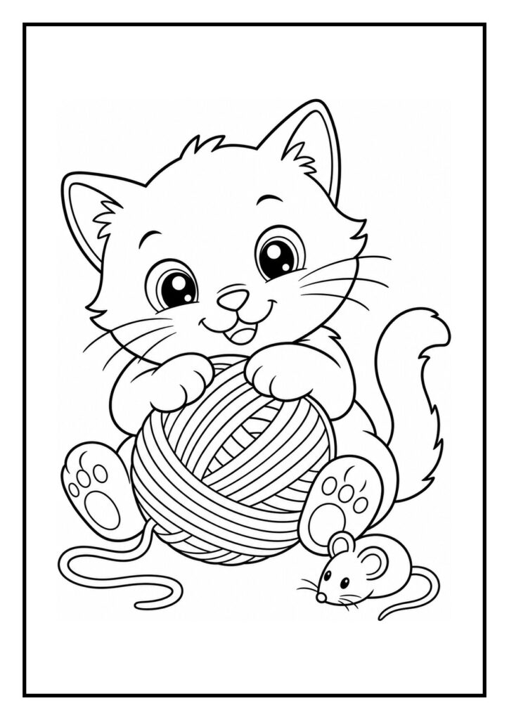 Schattige kitten die balanseert op een bol wol en bijna in slaap valt