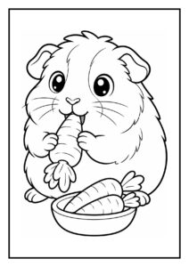 Kleurplaat van een schattige cavia die een wortel eet terwijl hij in een regenlaars zit met een bakje wortels erbij