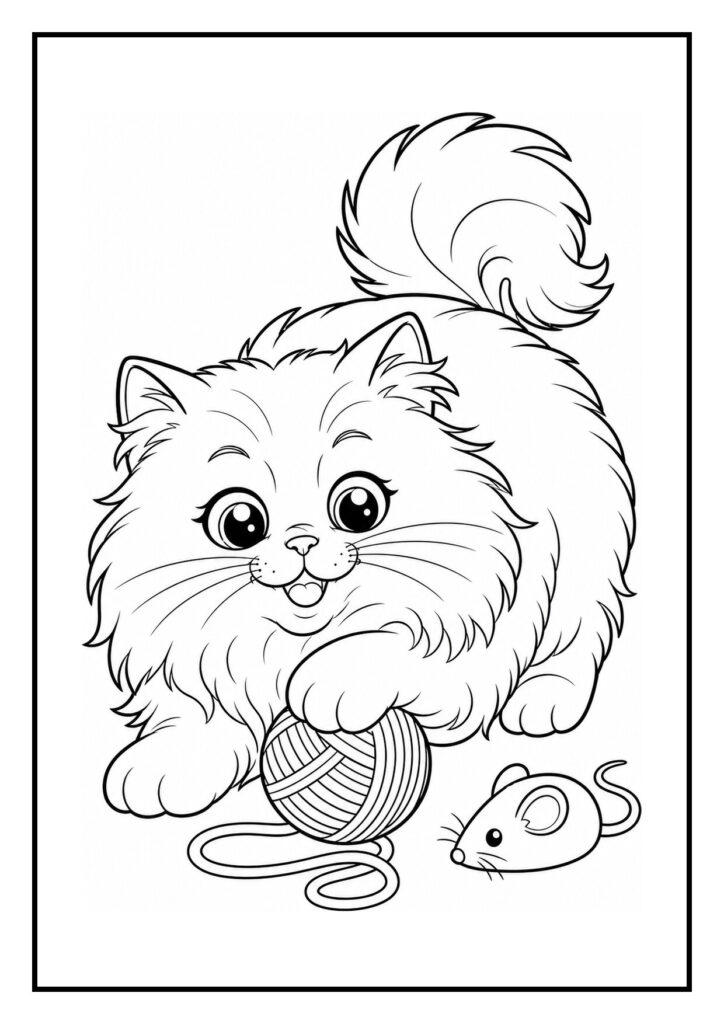 Kleurplaat van een Perzische kat die uit een cadeau-doos springt, met een bol wol en een klein muisje erbij.