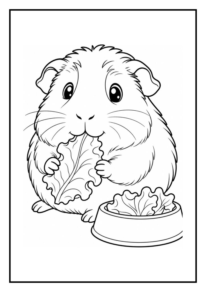 Kleurplaat van een schattige hamster die een sla blad eet met een voerbakje naast zich