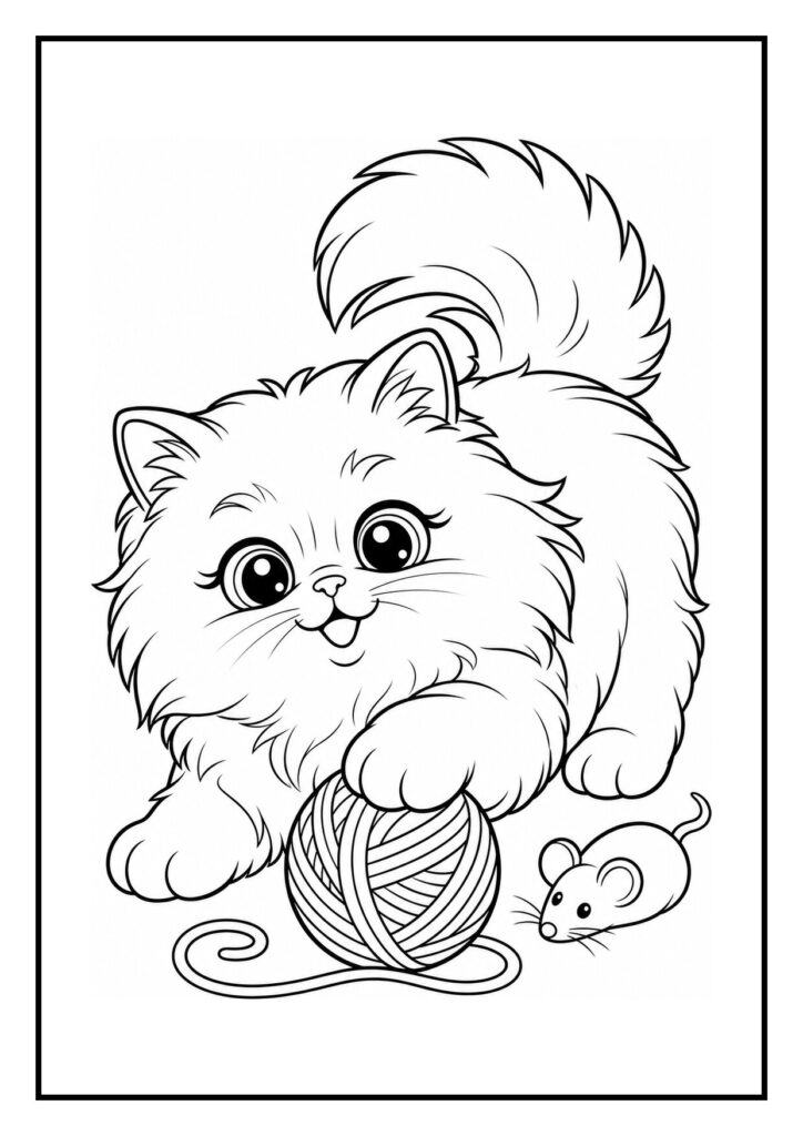 Kleurplaat van een speelse Perzische kat die met een bol wol rolt en een kleine muis kijkt toe