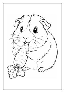 Schattige kleurplaat van een vrolijke cavia die in een bakje hooi duikt.